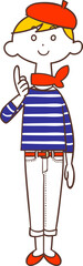 人差し指を立てるボーダーシャツを着てベレー帽を被った若い女性
