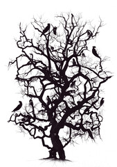 Isolated PNG - Black tree with twisted branches and roots, painted in indian ink, in etching style
