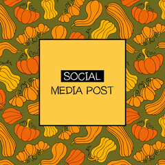 Autumn design template, hand drawn pumpkins, flat vector illustration