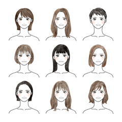 色々な髪型で微笑みを浮かべる9人の女性の水彩風ベクターイラストセット