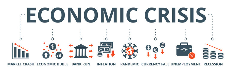 Economic crisis banner web icon vector illustration concept with icon of market crash, economic bubble, bank run, inflation, pandemic, currency fall, unemployment, recession - obrazy, fototapety, plakaty