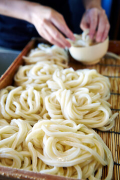 茹でたうどんの麺を並べている工程写真