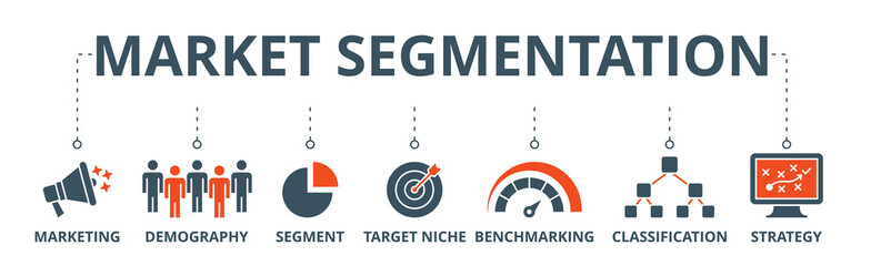 Market segmentation banner web icon vector illustration concept with icon of marketing, demography, segment, target niche, benchmarking, classification, strategy - obrazy, fototapety, plakaty