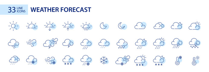 Set of 33 weather forecast icons. Pixel perfect, editable stroke art - obrazy, fototapety, plakaty