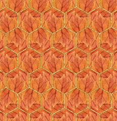 Hexagon seamless texture. Mosaic, inlay. Illustration in stained glass style. Art Deco style. Seamless chaotic hexagon pattern. For wallpaper, textile print, tile. Marble texture. Golden hexagons.