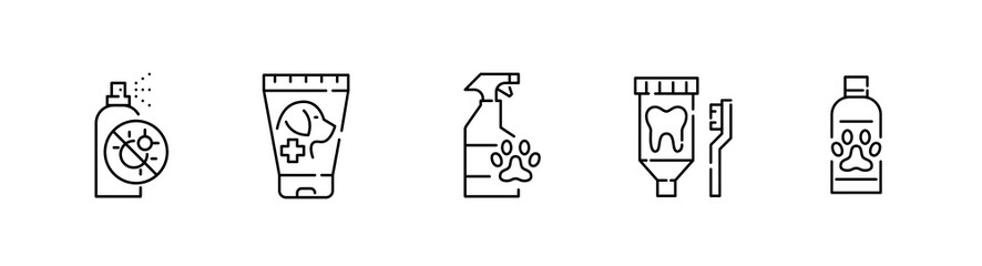 Pet hygiene supplies set. Dog shampoo, toothpaste and pest repellent spray. Pixel perfect, editable stroke icon