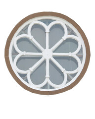 PNG file of a rosette or flower shaped round window with a white frame and brown window sill.