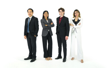 Team of successful business people in suit standing together. Portrait on white background with studio light.