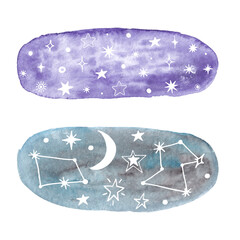 Simple doodle stars on a blue watercolor background. Celestial element for the design of postcards, sublimations, prints. Astrology, space, galaxy