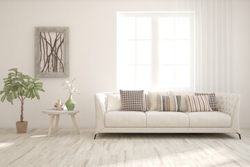 White living room with sofa. Scandinavian interior design. 3D illustration