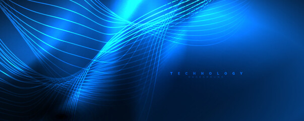 Techno neon wave lines, dynamic electric motion, speed concept. Templates for wallpaper, banner, background, landing page, wall art, invitation, prints