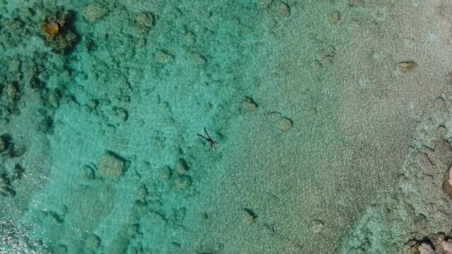 Person in wetsuit and flippers float spread eagled in blue ocean; drone top down