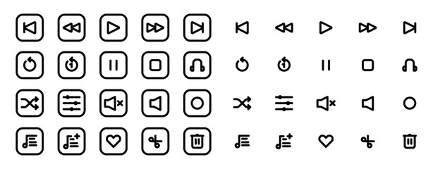 Set of Media player icons in line style. Music, interface, design media player buttons collection. Vector Illustration.