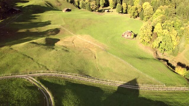 aerial drone footage pushing in over idyllic alpine meadows