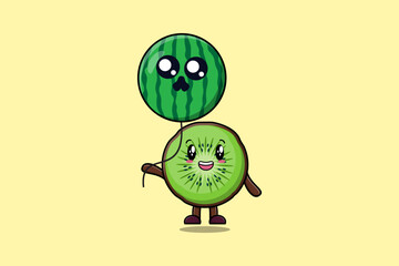 Cute cartoon Kiwi fruit floating with watermelon balloon in flat cartoon vector icon illustration