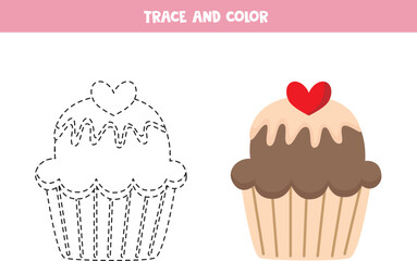 Trace and color cartoon red heart. Worksheet for children.