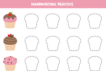 Tracing lines for kids with cute cupcakes. Writing practice.