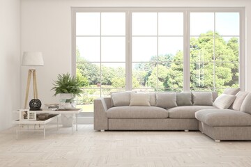 White living room with sofa and summer landscape in window. Scandinavian interior design. 3D illustration