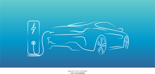 Electric car with charging stations by sketch line back view white on colorful gradient teal blue background. Vector illustration in concept green energy