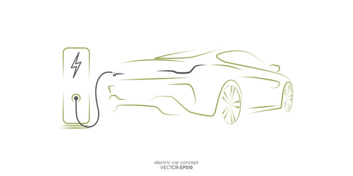 Electric car with charging stations by sketch line back view green colors isolated on white background. Vector illustration in concept green energy