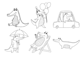 Set of characters. Funny crocodile in cap holds balloons. drive car. Vector outline animal for coloring book isolated on white background