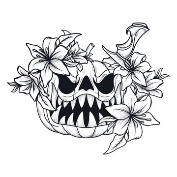 tattoo and t shirt design black and white hand drawn monster pumpkin engraving ornament