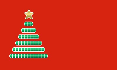 Christmas greeting cards in pixel art, with artistic christmas tree, red background and copy space