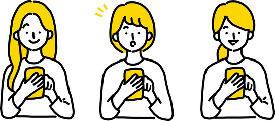 スマホを操作する3人の女性のイラストセット