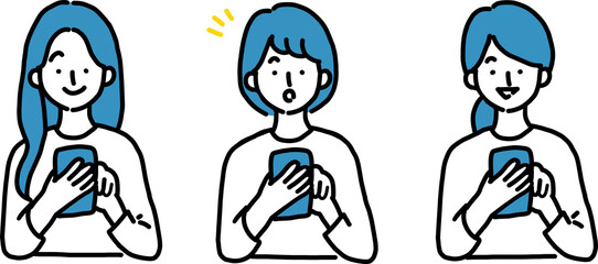 スマホを操作する3人の女性のイラストセット