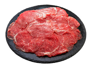 Rare Sliced Wagyu beef with marbled texture on black plate on white background, Red beef Sliced Asian shabu shabu Sukiyaki food style on white background PNG File.