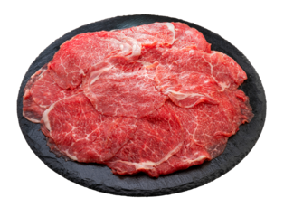 Rare Sliced Wagyu beef with marbled texture on black plate on white background, Red beef Sliced Asian shabu shabu Sukiyaki food style on white background PNG File.
