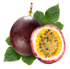 Fresh Passion fruit with leaves on white, Purple Passion fruit or Maracuya on white background PNG...