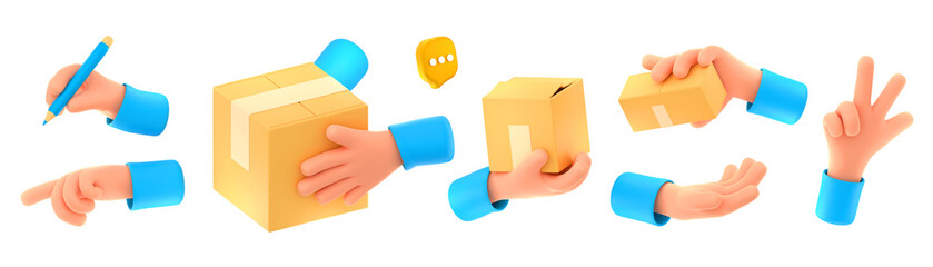 3d render, courier hands with carton boxes, shipping and delivery service, arms with parcels giving, writing notes, pointing gestures. Cargo transportation, cartoon illustration in plastic style