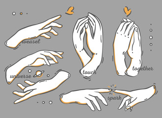 Collection of plaster hands signed "touch", "together", "spark". Set with elegant woman Hand gestures. Flat style vector illustration, isolated element. Fingers, palms. For tattoo or sticker set