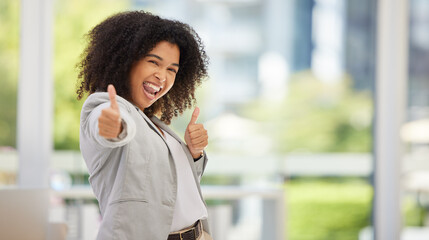 Business thumbs up, happy and black woman excited with high energy, crazy and thumbsup for...
