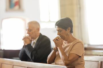 Senior couple, christian and pray in church, religion and spiritual for help, respect and thank you...