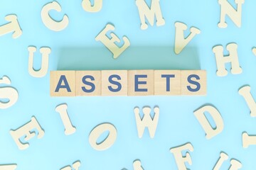 Assets concept in business, finance and economics. Word typography on wooden blocks flat lay.