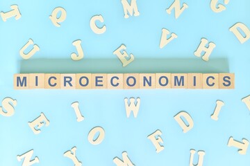 Microeconomics concept in finance and economics. Word typography on wooden blocks flat lay.
