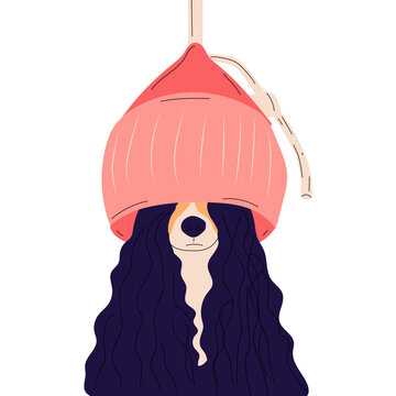 Funny Dog  cocker spaniel with a hair dryer on her head. Grooming. Pet Salon.  Vector Cartoon