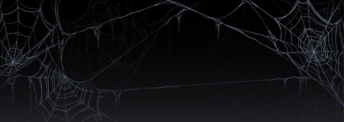 Scary Halloween banner with old spider web hanging in corners on black background. Spooky poster with dirty cobweb, torn spider net and copy space, vector cartoon illustration