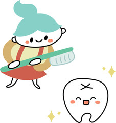 白くてきれいな歯のキャラクターと歯磨きをする子どものイラスト素材