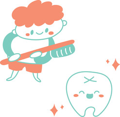 白くてきれいな歯のキャラクターと歯磨きをする子どものイラスト素材