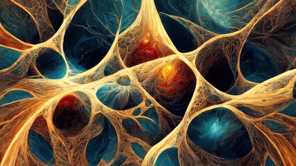 Abstract neural network, artificial intelligence, cell structure, machine learning,  fractal geometry, generative AI illustration - obrazy, fototapety, plakaty