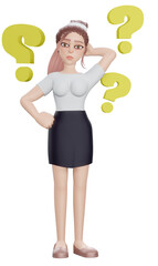 3d render. Businesswoman looking for a solution, Girl among questions