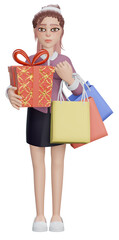 3d render. Modern lady businesswoman holding shopping bags and gift box. Cheerful cartoon character.