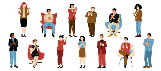 People clap, team congratulate colleague isolated set. Cheering and ovation concept with characters applaud. Men and women support, celebration, appreciation, Cartoon linear flat vector illustration - obrazy, fototapety, plakaty