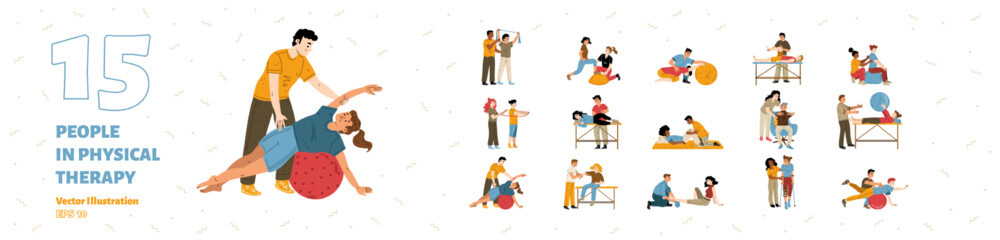 Physical therapy, rehab isolated set. People applying rehabilitation. Therapist work with disabled patients recuperate activity during physio procedures in clinic, Cartoon linear vector illustration - obrazy, fototapety, plakaty