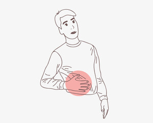 A man holds his right side with his hands, suffering from pain in the internal organs. Disease of the liver, stomach. Doodle vector illustration