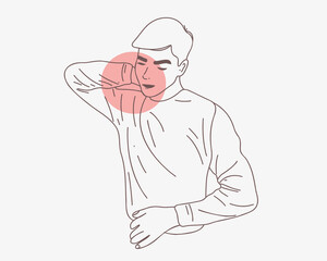 A man with a pain in his neck keeps his hand on his inflamed neck. Muscle pain, osteoarthritis, osteochondrosis, pinched nerves, rheumatism and fibromyalgia. Doodle or line style