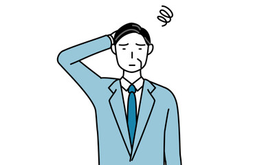 困って頭をかくシニアビジネスマン、経営者・管理職・社長のシンプルな線画イラスト
